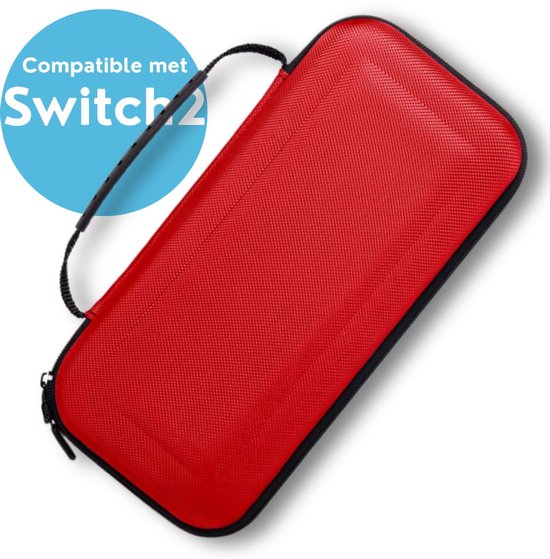 Rode beschermhoes voor Nintendo Switch 2, met een blauwe cirkel met tekst 'Compatible met Switch 2'.