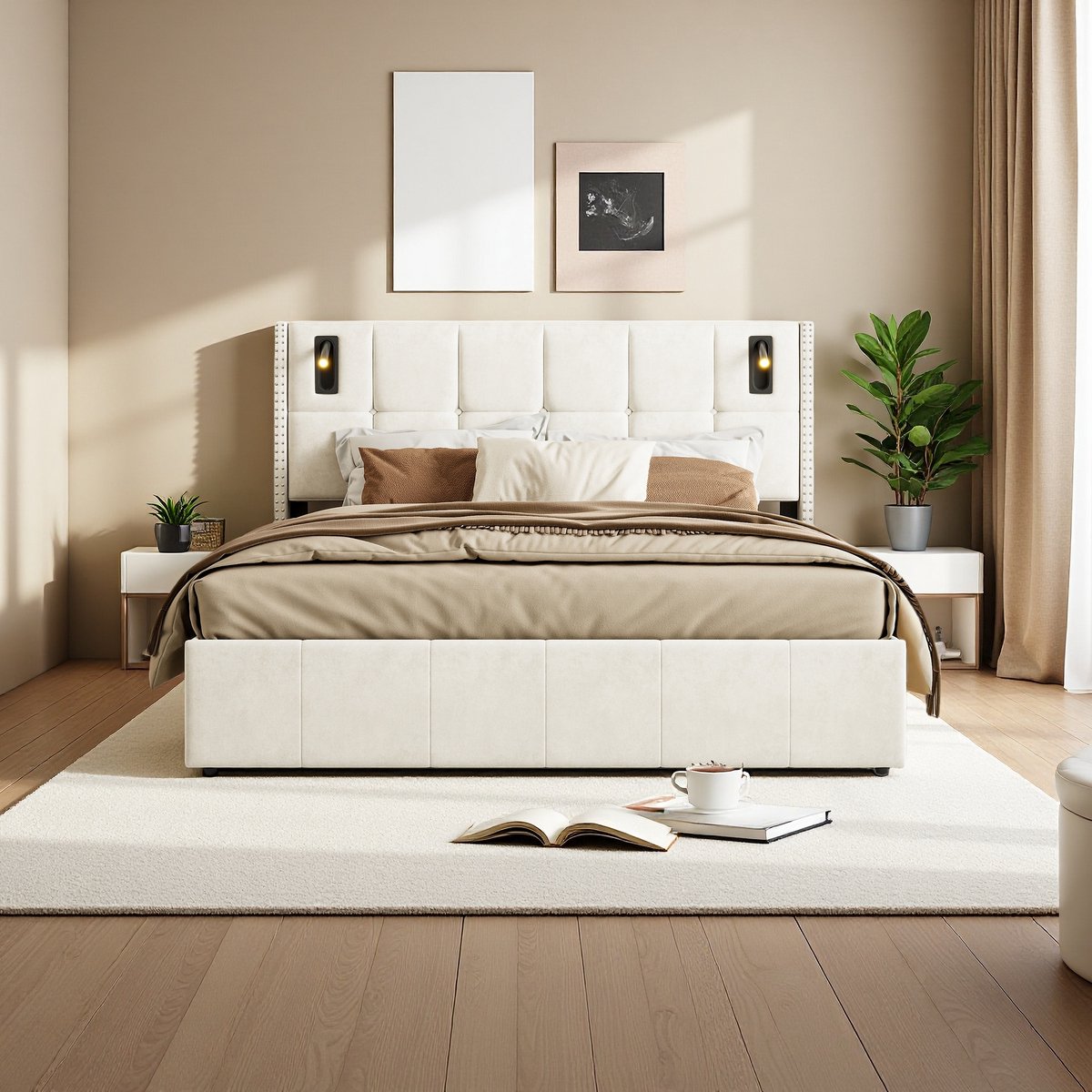 Opbergbed Luxe Beige Fluweel Boxspring met Opbergruimte en 2 - afbeelding 3