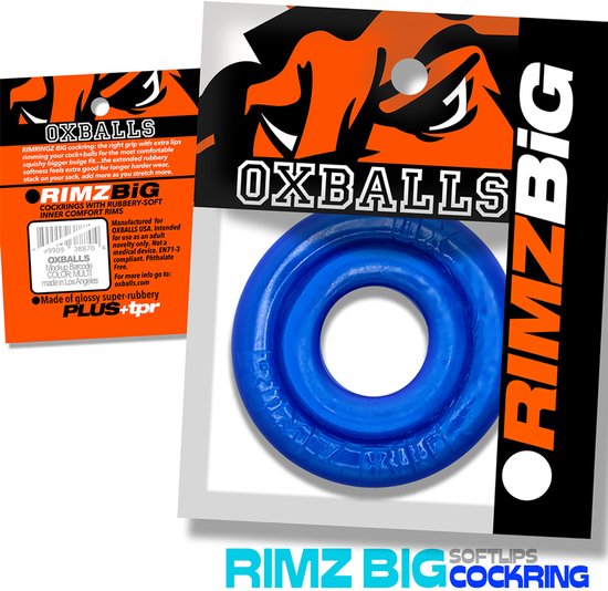 Cockring bleu Oxballs Rimz Big dans son emballage bleu et orange avec un motif de tigre.