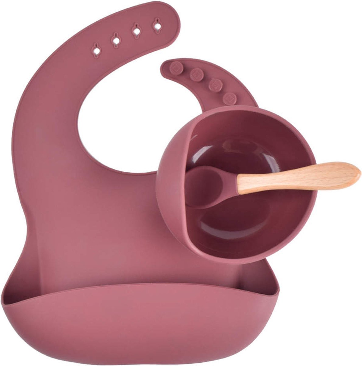 Image of 3-Delig Siliconen Bordje Set voor Baby’s – Bord, Lepel & Verstelbaar Slabbetje – Oudroze – BPA-vrij, Magnetron-, Vriezer- en Vaatwasserbestendig
