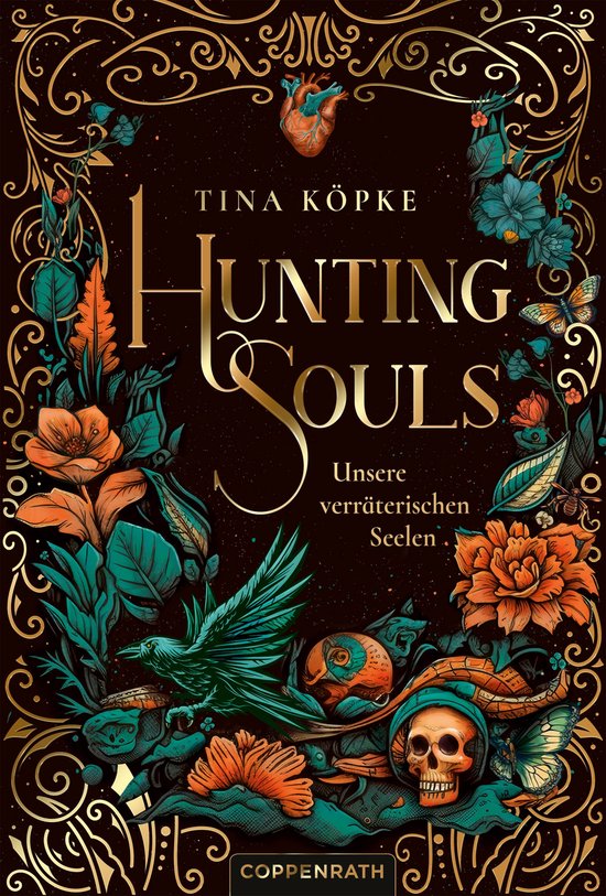 Boekomslag van 'Hunting Souls' met bloemen, een kraai, een schedel en vlinders in goudkleurige sierlijke rand.