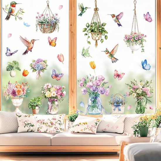 Moxled 9 vellen raamstickers, lente, vogels, zelfklevend, raamdecoratie, lente, raamstickers, bloemen, vlinders, zomer, raamstickers, herbruikbaar, voor kinderkamer, Pasen, decoratie