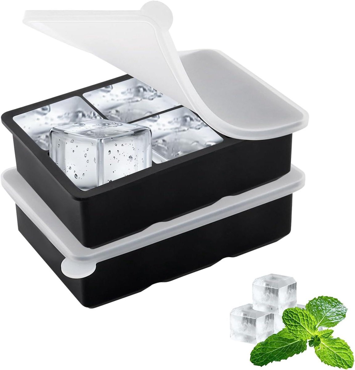 Provento - Siliconen ijsblokjeshouder met deksel, grote vierkante ijsblokjes voor cocktails, whisky, ijsthee, fruitpuree