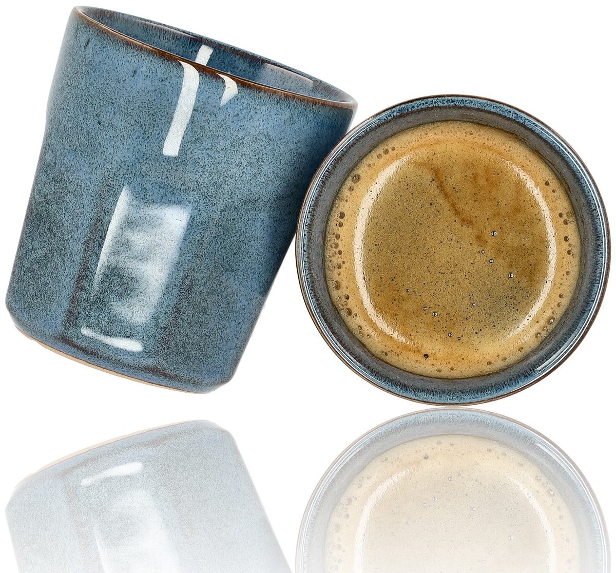 MIAMIO – Espresso Cup Set van 4 (100 ml) Japanse Theekoppen Ceramiek/Handvatloze Mok met Verwijderbare Houten Manchet/Koffiekoppen Zonder Handvat (Zwart