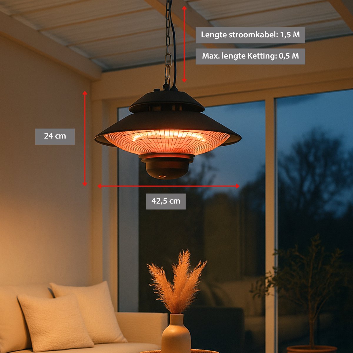 alpina Heater Terrasverwarmer met Infrarood Verwarming - Heater Elektrisch en Hangend - Terras Verwarmer P44 Spatwaterdicht - Terrasheater 1500W met Afstandsbediening – foto 3
