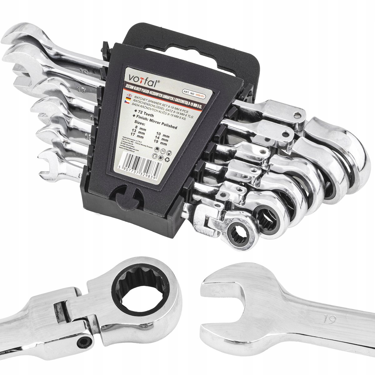 Vorfal Ringsleutel Set met Ratel, Gebogen, 8-19mm, 6 Delig