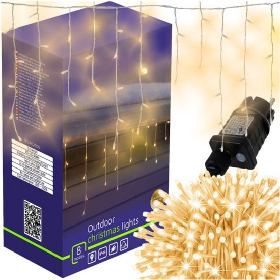 CERIAL Lichtgordijn, werkt op batterijen, 2 x 1 m, lichtgordijn, voor binnen en buiten, ijspegellampen, waterdicht, groene draad, 8 modi, warmwit