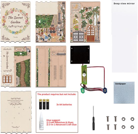 Onderdelen van een doe-het-zelf boekensteun met tuin-thema, inclusief licht en lijm.