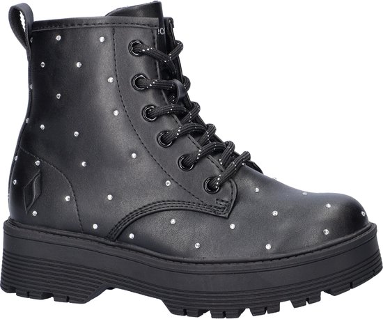 Zwarte meidenlaars met zilveren studs, veter en rits, en een platte zool.
