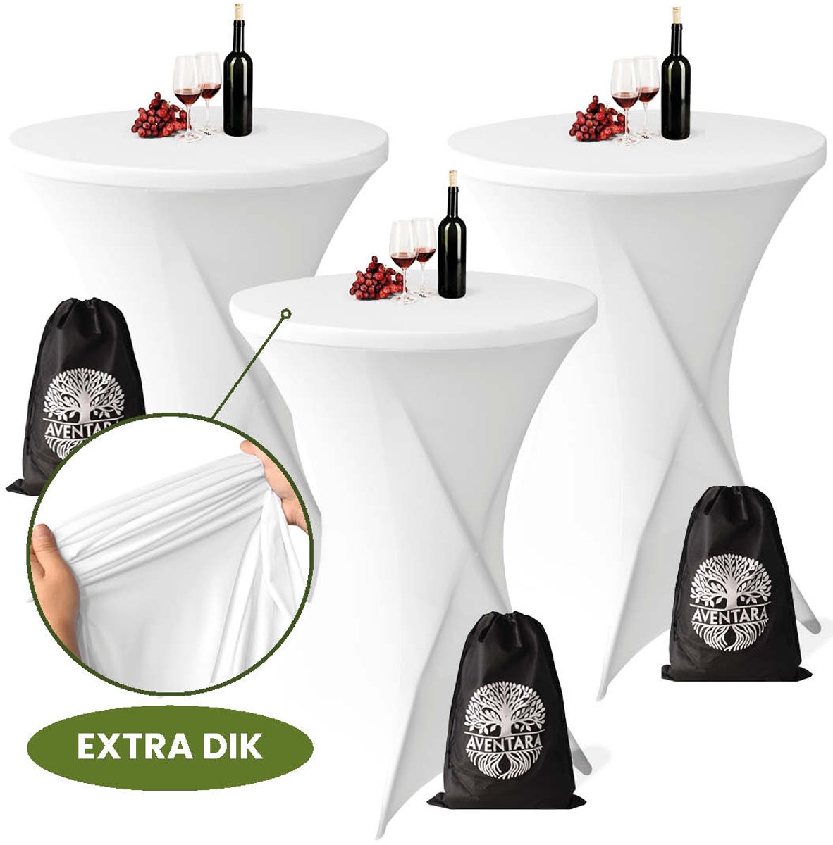 Statafelrok Wit x 3 – ∅80-85 x 110 cm – Luxe Statafelhoes – Extra Dikke Stretch Stof – Inclusief Opbergtas – Ideaal voor Bruiloften, Feesten en Cocktailparty’s