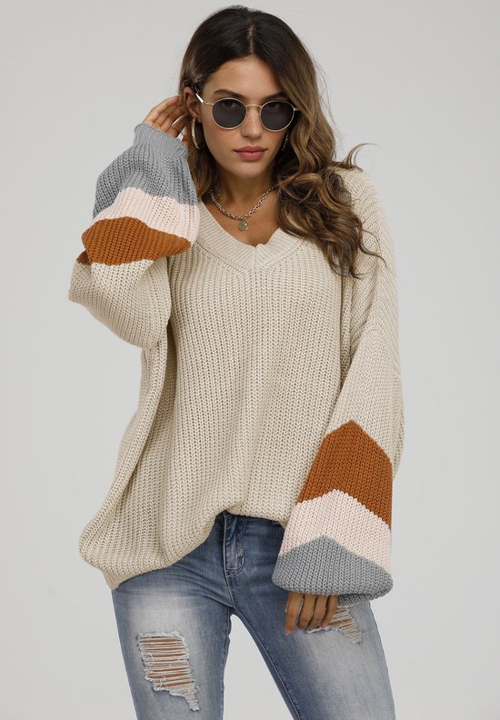 Gestreepte trui in beige, perzikroze en camel