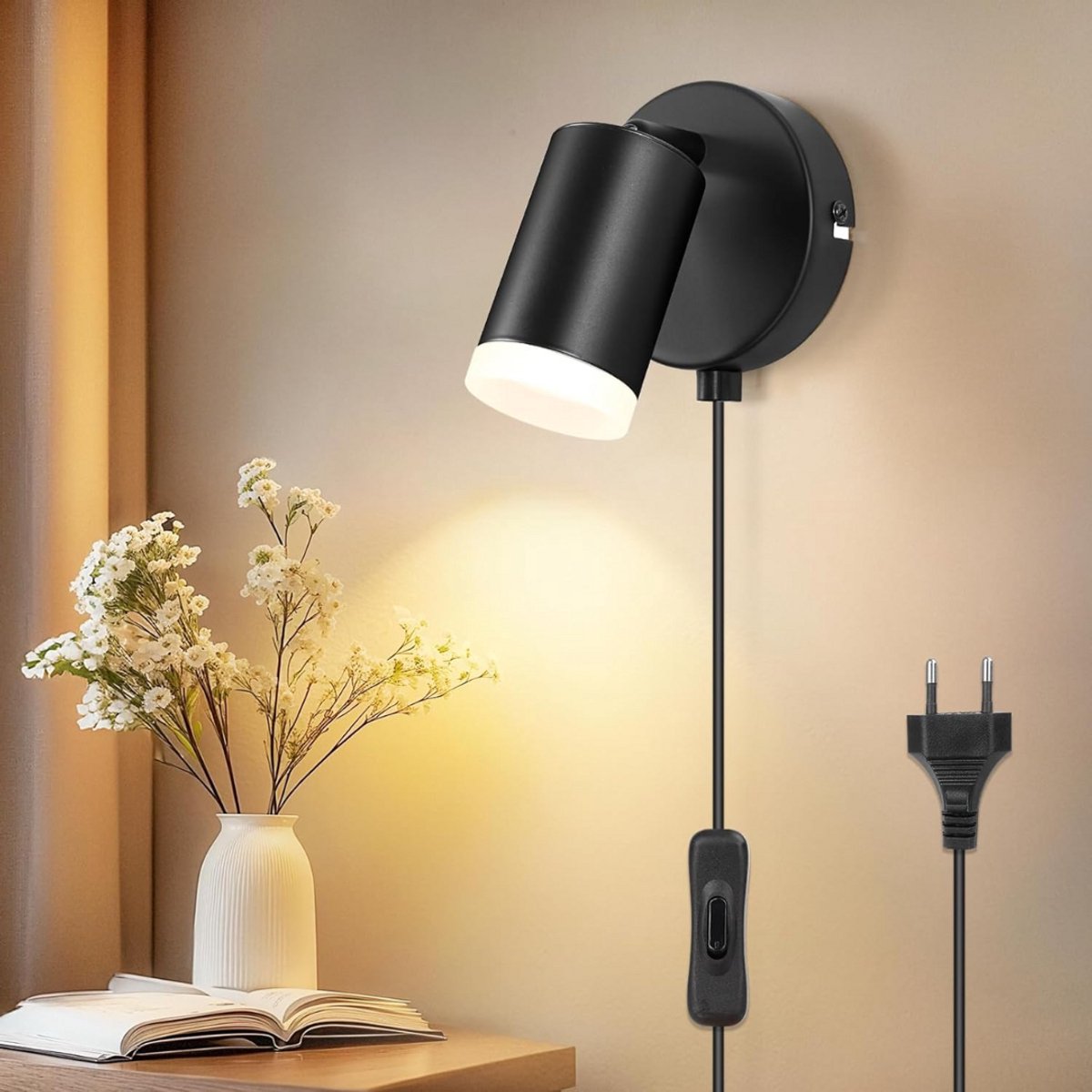 MKSS® Wandlamp Binnen met Snoer - Wandlamp met Stekker voor Binnen - met Dimbare Schakelaar - Industrieel en Vintage - Slaapkamer Bedlampje