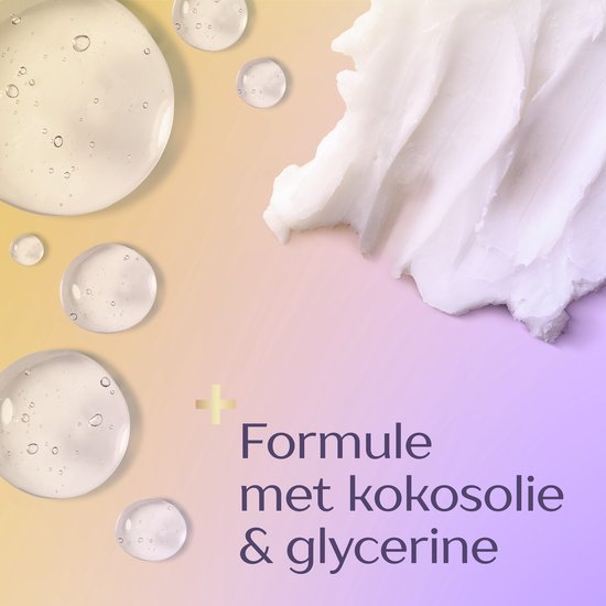 Textuur van gel en crème, met de tekst 'Formule met kokosolie & glycerine'.