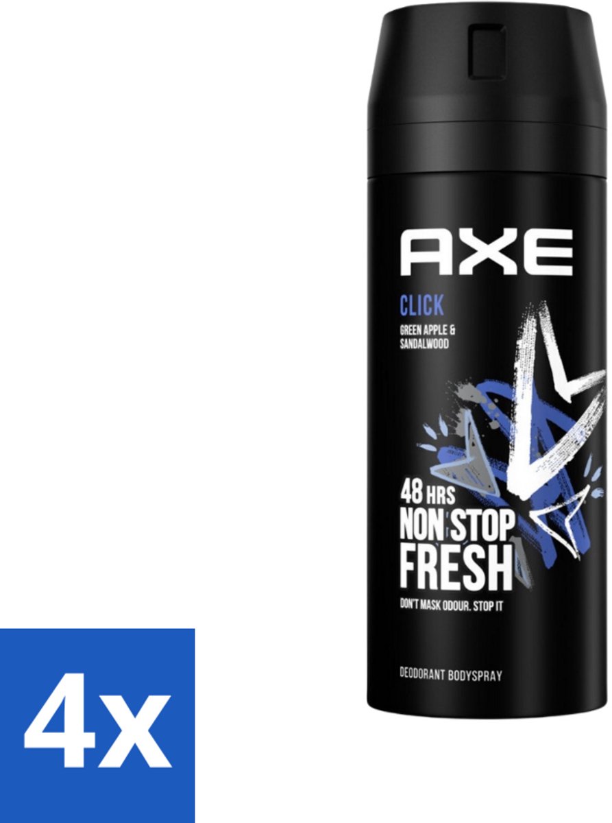 4 x Axe - Deodorant Bodyspray - 48hrs Fresh - Click - Green Apple & Sandalwood - 150 ml - Deodorant - Deodorant Spray - Axe Click - 48 Uur Bescherming - Frisheid