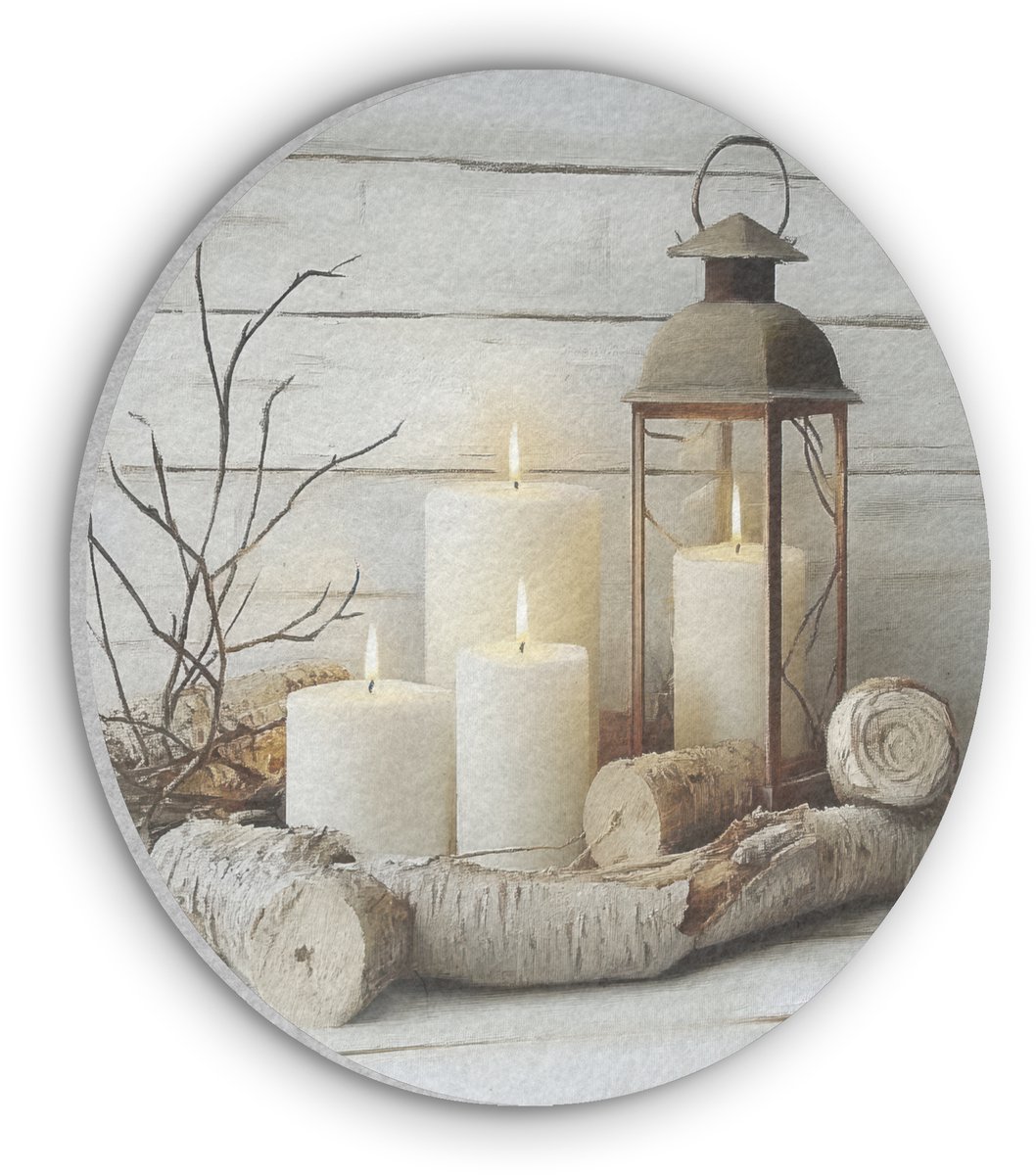 Akoestisch wandpaneel rond 30x30 cm - Vilt schilderij Stilleven - Wit - Kaarsen - Rustiek - Natuur - Ronde akoestische panelen - Geluidsdempende wanddecoratie - Geluidsisolatie wandcirkel - Muurdecoratie geluidspanelen