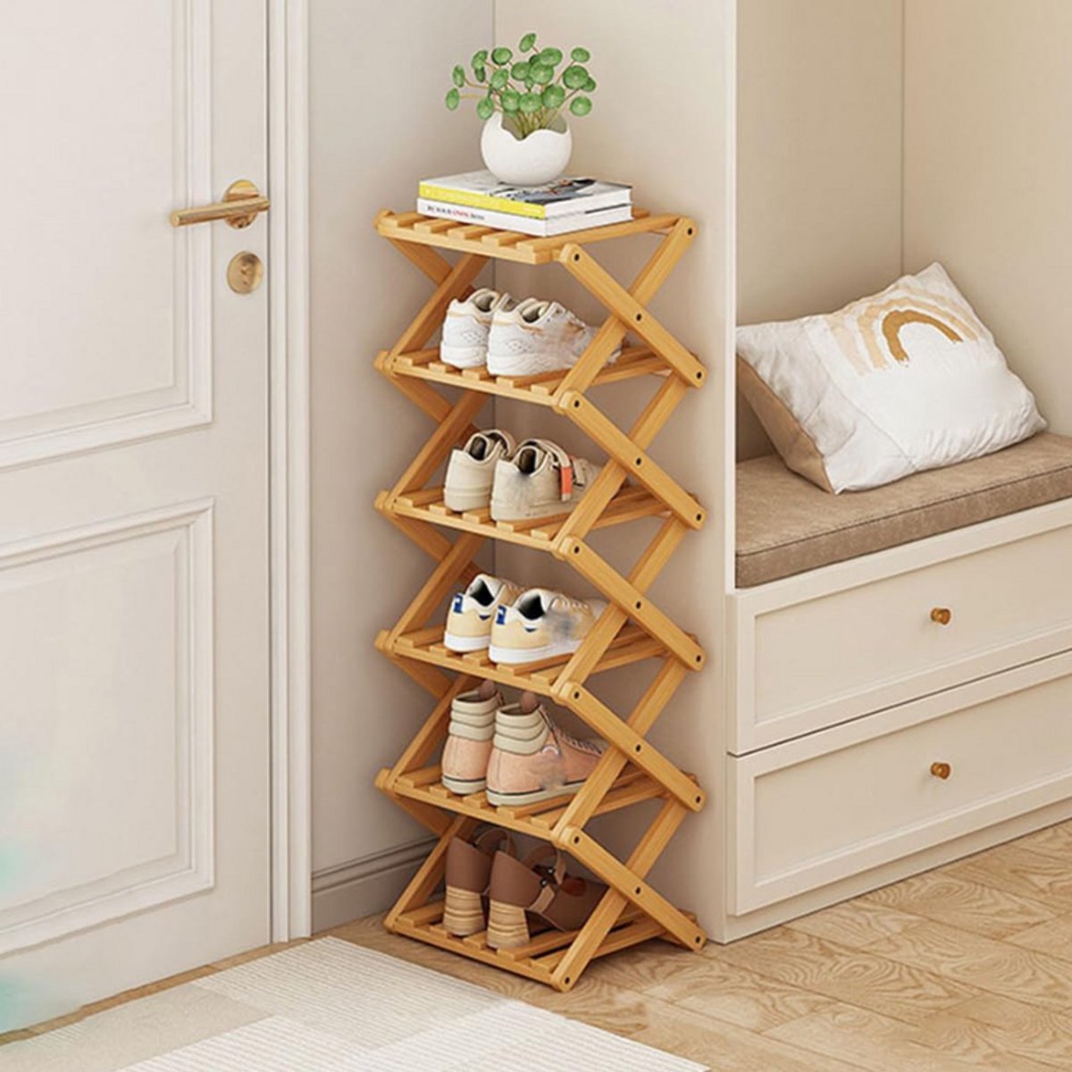 Smal Schoenenrek Van Bamboe – Opvouwbaar Hoog Schoenenrek – 6 Lagen – Ruimtebesparende Schoenenplank Voor Hal – Kast – Slaapkamer – Natuurkleur