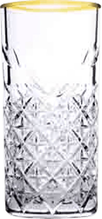 Verre haut et transparent avec taille géométrique et bordure dorée.
