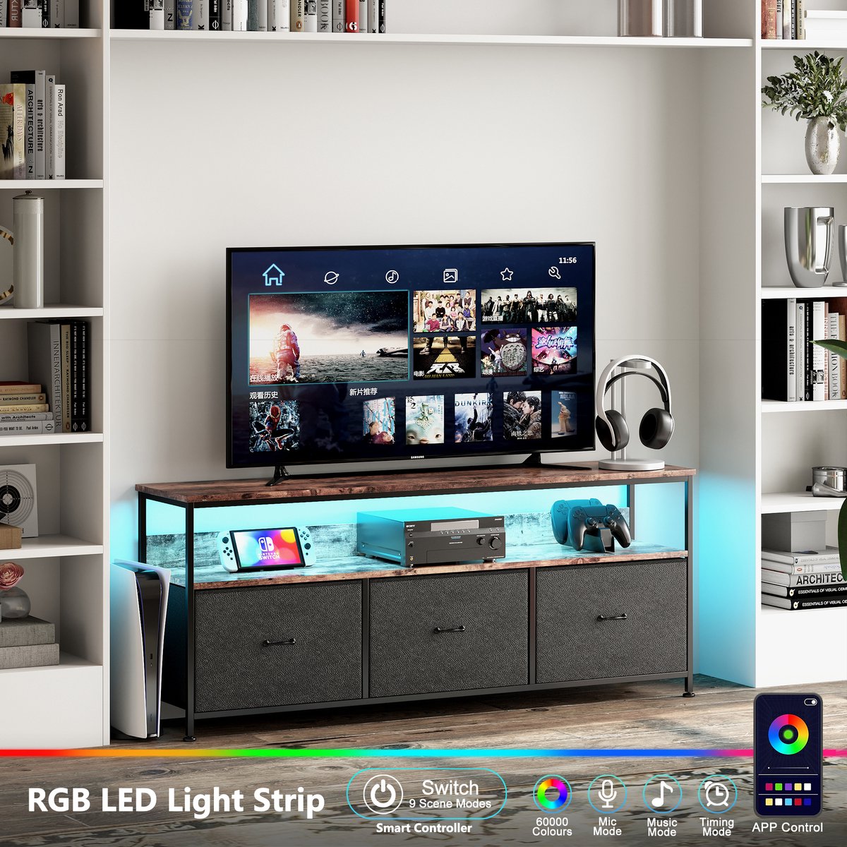 TV-kast, LED-ladenkast met 4 laden voor de slaapkamer, industriële tv-kast met laden, stoffen laden en metalen frame, houten oppervlak voor woonkamer, kinderkamer, gang, rustiek, zwart, 108x29,8x57cm
