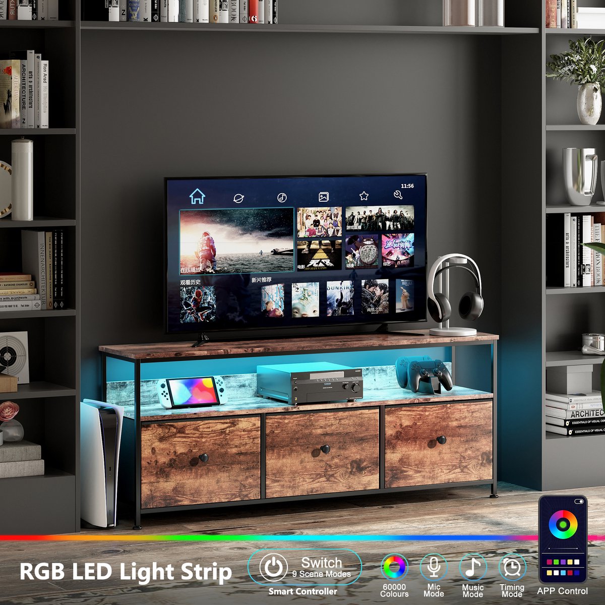 TV-meubel, LED-ladenkast Kast met 4 laden, industriële tv-kast met laden, stoffen laden en metalen frame, houten oppervlak voor woonkamer, kinderkamer, hal, rustiek, bruine houten kleur, 108x29.8x57cm