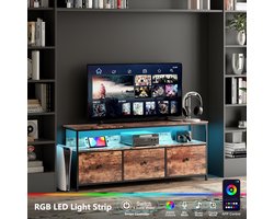 TV-meubel, LED-ladenkast Kast met 4 laden, industriële tv-kast met laden, stoffen laden en metalen frame, houten oppervlak voor woonkamer, kinderkamer, hal, rustiek, bruine houten kleur, 108x29.8x57cm