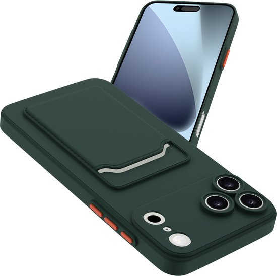 Donkergroen telefoonhoesje met kaarthouder en oranje knopjes, naast een telefoon.