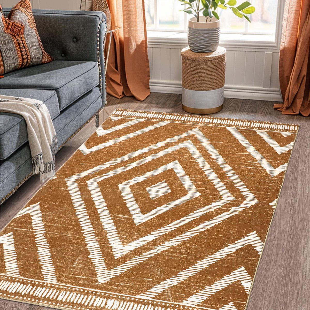 Azomor® Wasbare bruine vintage vloerkleed met antislip voor woonkamer en slaapkamer