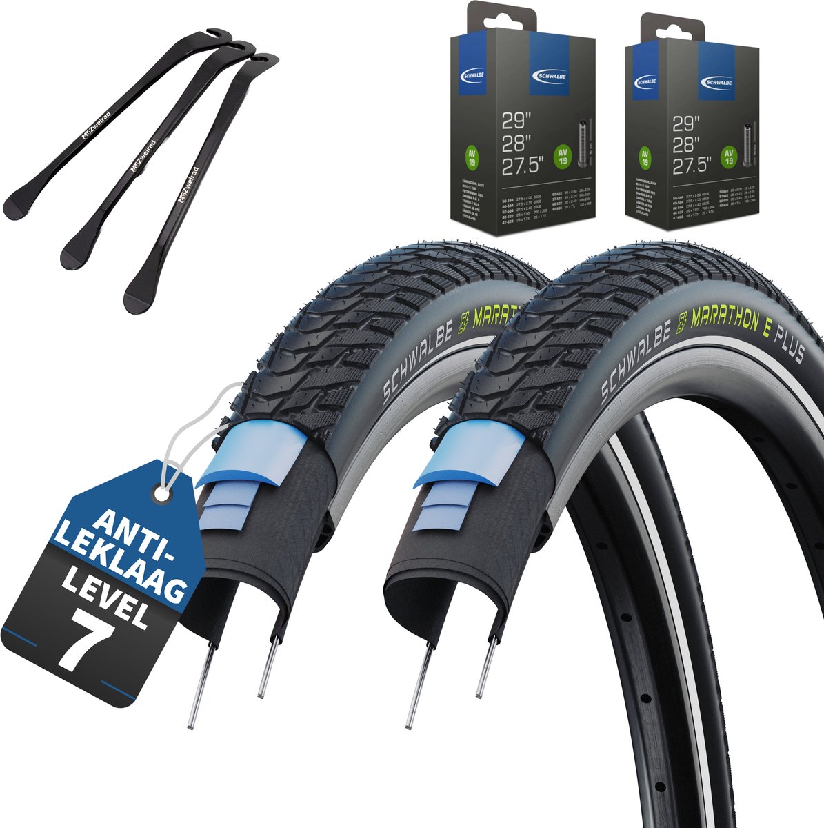 2x set Schwalbe fietsbanden Marathon E-Plus Zwart Reflex 28 x 2,15 (55-622) buitenband + 2x AV Auto Schrader ventiel binnenband + 3x MSZweirad bandenlichter