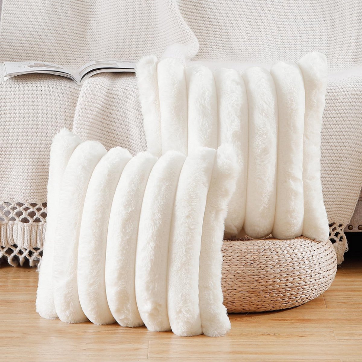 Kussenhoezen 50x50 Cm - Set Van 2 - Crème Wit - Zachte Pluche Imitatie Wol - Sierkussens Voor Bank - Bed - Woonkamer - Decoratieve Kussenhoezen