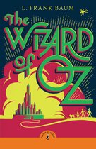Boekomslag van The Wizard of Oz, met de tekst 'L. Frank Baum The Wizard of Oz' in grote groene letters. Een gele en rode stad met silo's op de achtergrond, omringd door gele rookwolken.