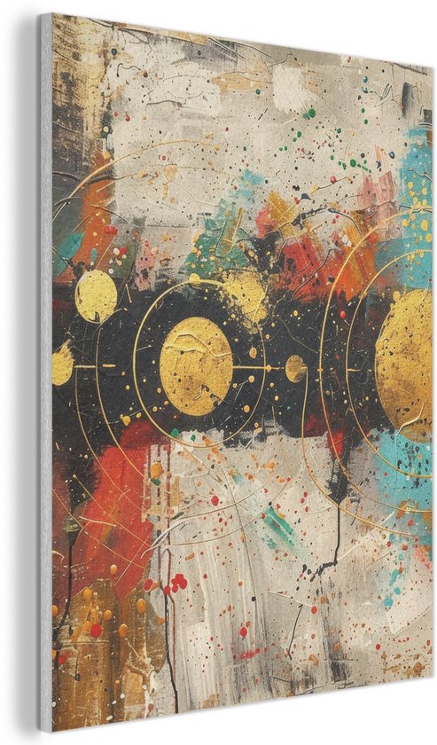 Abstract schilderij met gouden cirkels en rode, turquoise en grijze spetters, met gedetailleerde textuur.