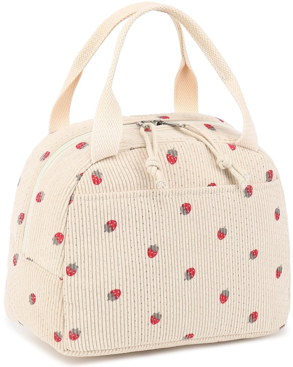 Geïsoleerde Lunchtas - Voor het koel houden van eten - Crème, Aardbeienpatroon, 9,4 L