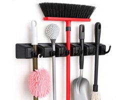 Boncy® Premium Bezemhouder Ophangsysteem - 5 Houders en 6 Haakjes - Tuingereedschap Ophanghaken - Bezem Houder