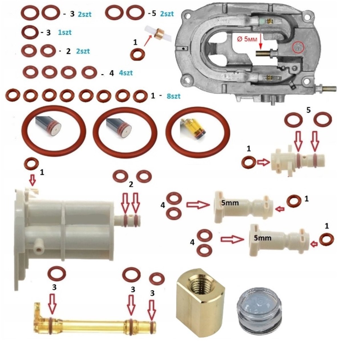 Pakkingen - reparatieset - oring - O-ring voor deLonghi Magnifica - Leveringsomvang 22 stuks afdichtingen 1 stuks aandrijfmoer 1 stuks smeermiddel 5 ml. / fabrikant vervangend / afdichtingen passen op boiler met uitlaat buizen versie 5 mm