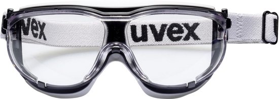 Uvex carbonvision veiligheidsbril met heldere lenzen, zwart montuur en een witte band met Uvex logo.