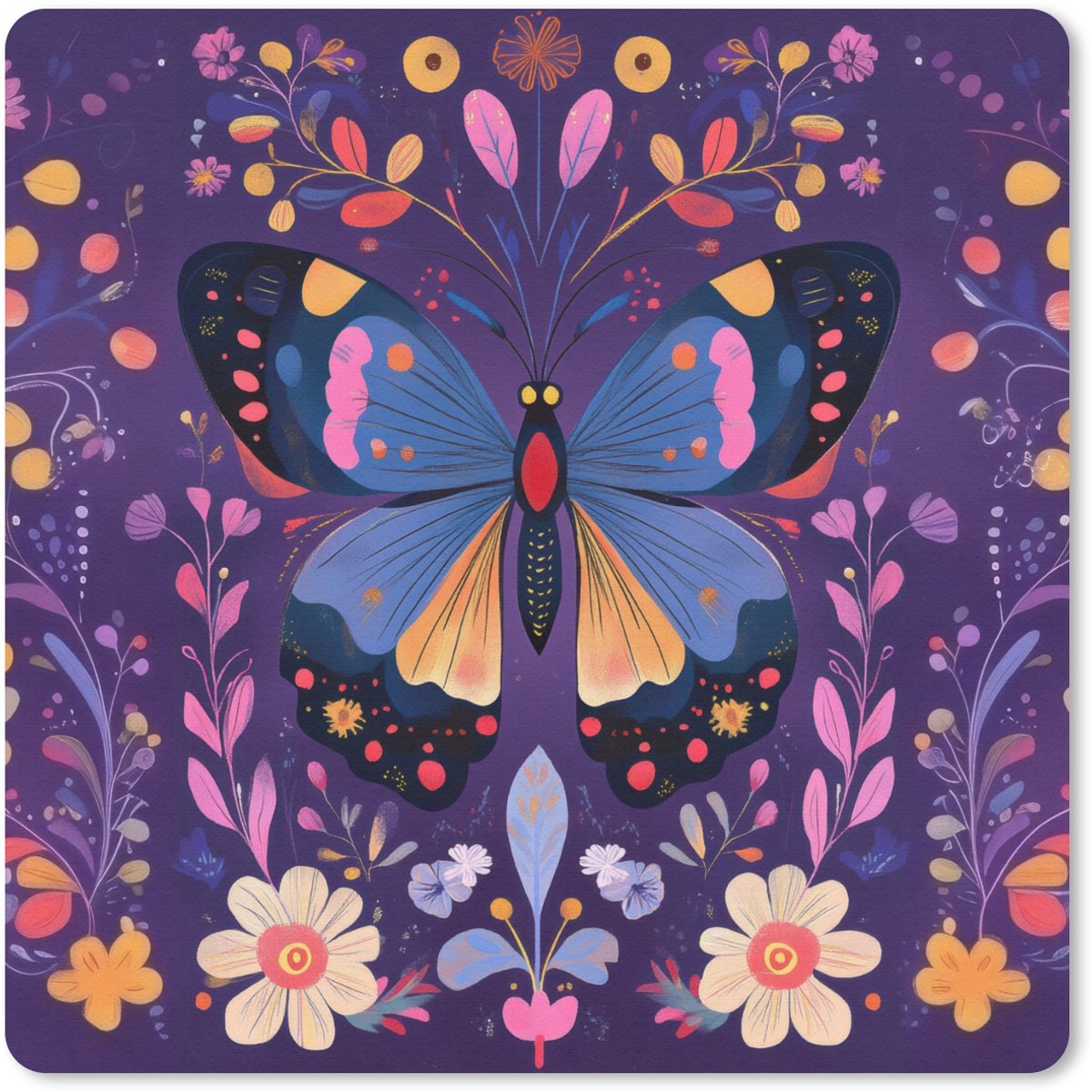 Muismat 30x30 cm - Mousepad Sierlijk - Bloemen - Vlinder - Paars - Muismatten