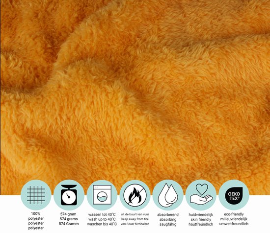 Detail van gele teddy fleece deken met icoontjes voor 100% polyester, 574 gram, wasbaar tot 40°C, brandwerend, absorberend, huidvriendelijk, Oeko-Tex.