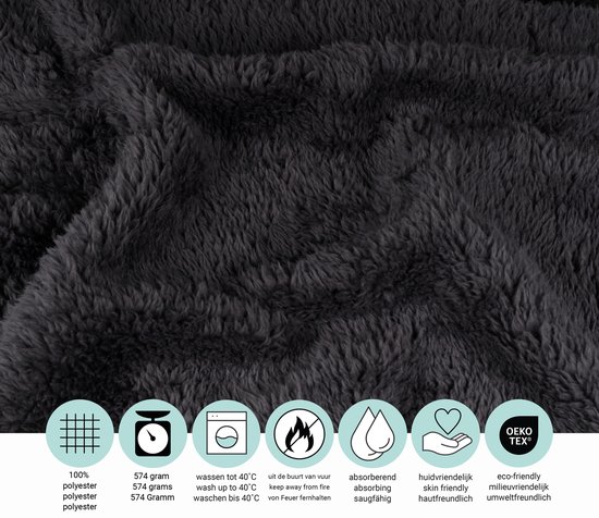 Donkergrijze teddy fleecedeken, 100% polyester, 574 gram, wasbaar tot 40°C, huidvriendelijk, milieuvriendelijk, absorberend, niet ontvlambaar, Oeko-tex.