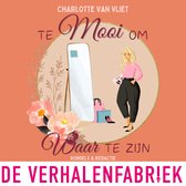 Boekcover 'Te mooi om waar te zijn' met een illustratie van Charlotte van Vliet, die een roze top en zwarte broek draagt, met winkelzakken en bloemen.