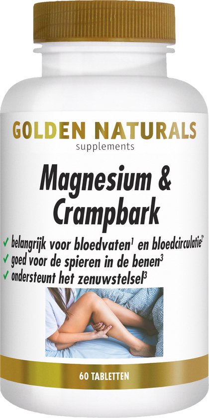 Witte pot met gele dop. Het label toont de tekst "Magnesium & Crampbark" en een afbeelding van benen.
