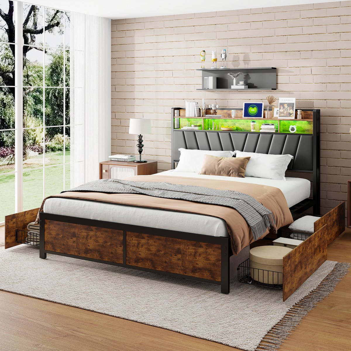 SHOPENTRA Tweepersoonsbed 140x200 cm Zwart – 4 Lade Opbergbed met LED Hoofdbord & USB
