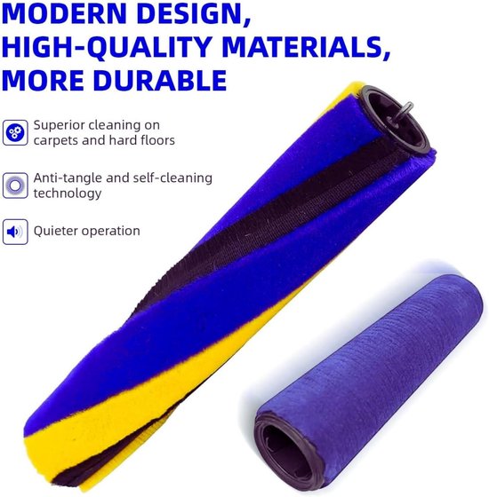 Een stofzuigerborstelrol met blauwe, gele en zwarte strepen met een paars rolletje ernaast.
