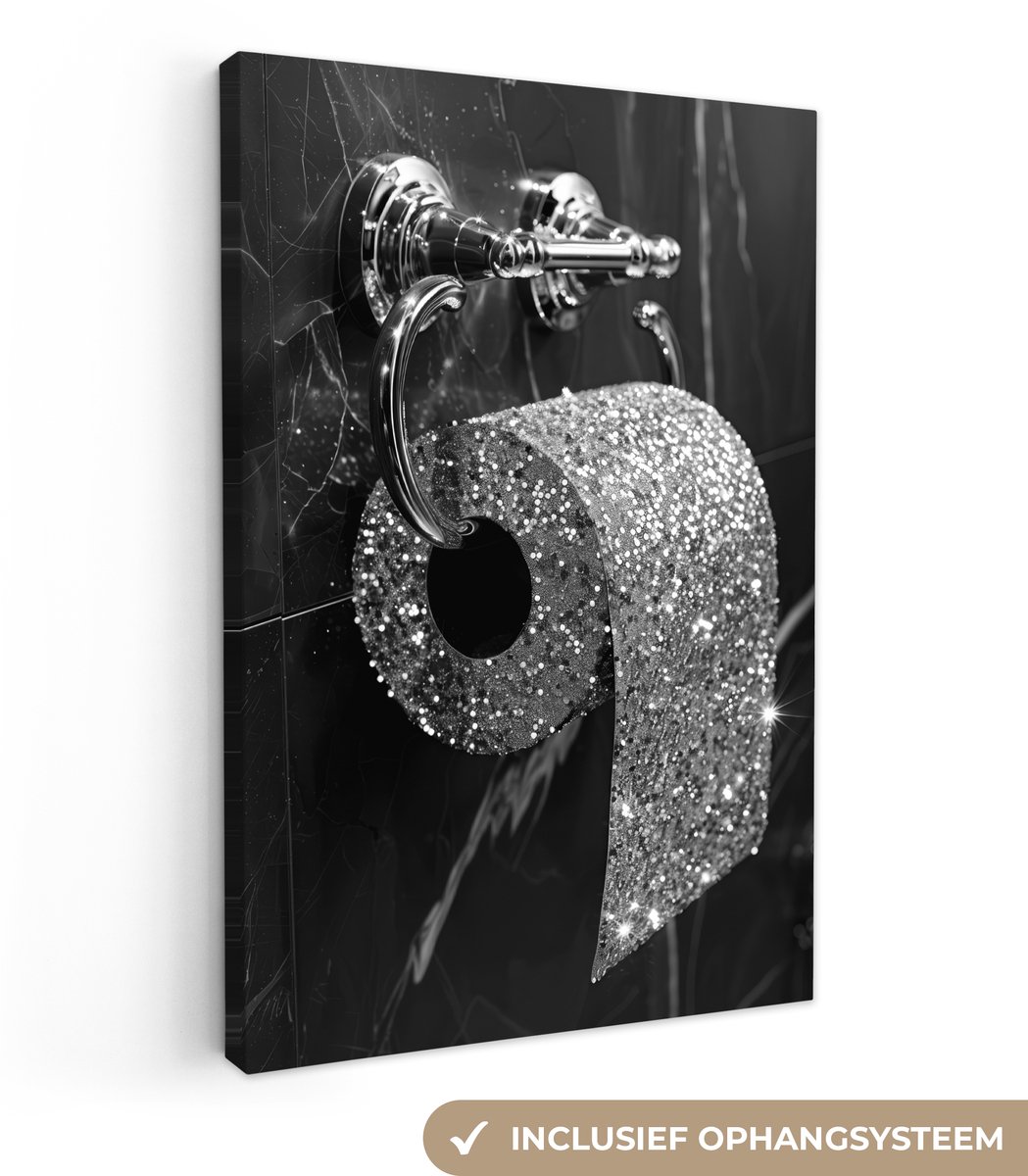 Canvas schilderij 90x140 cm - Wanddecoratie badkamer WC - Toilet papier - Zwart wit - Glit