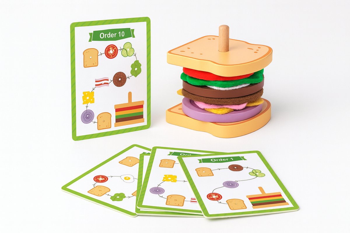 Tooky Toy® Maak je eigen Sandwich - Stimulerend houten Montessori speelgoed – Duurzaam, Educatief en Creatief spel voor Kinderen om Zelfredzaamheid en Vaardigheden te Ontwikkelen