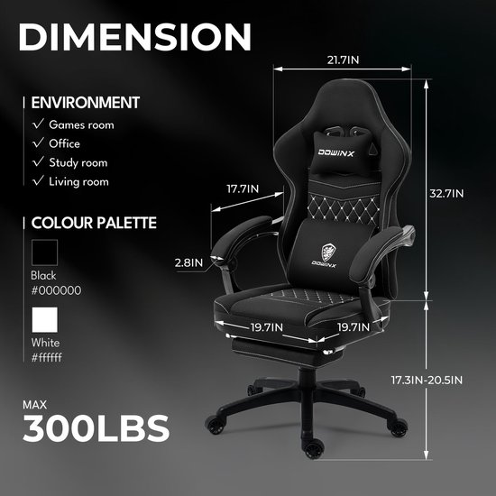 YUMISU 2049 Gaming Stoel Ergonomische Computerstoel met verstelbare armleuningen – Zwart Bureaustoel met memory foam neksteun – Gaming Chair met Stoff
