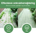 Voor en na foto van een stoep: onkruid verwijderd met de bosmaaier borstel.