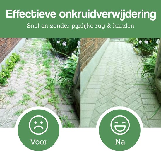 Voor en na foto van een stoep: onkruid verwijderd met de bosmaaier borstel.