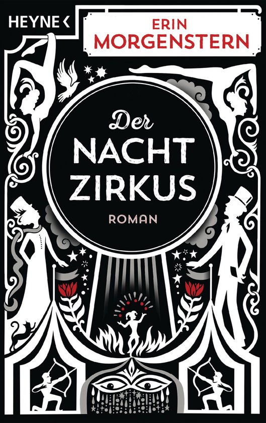 Couverture du livre 'Der Nachtzirkus' d'Erin Morgenstern avec des personnages de cirque et du texte.