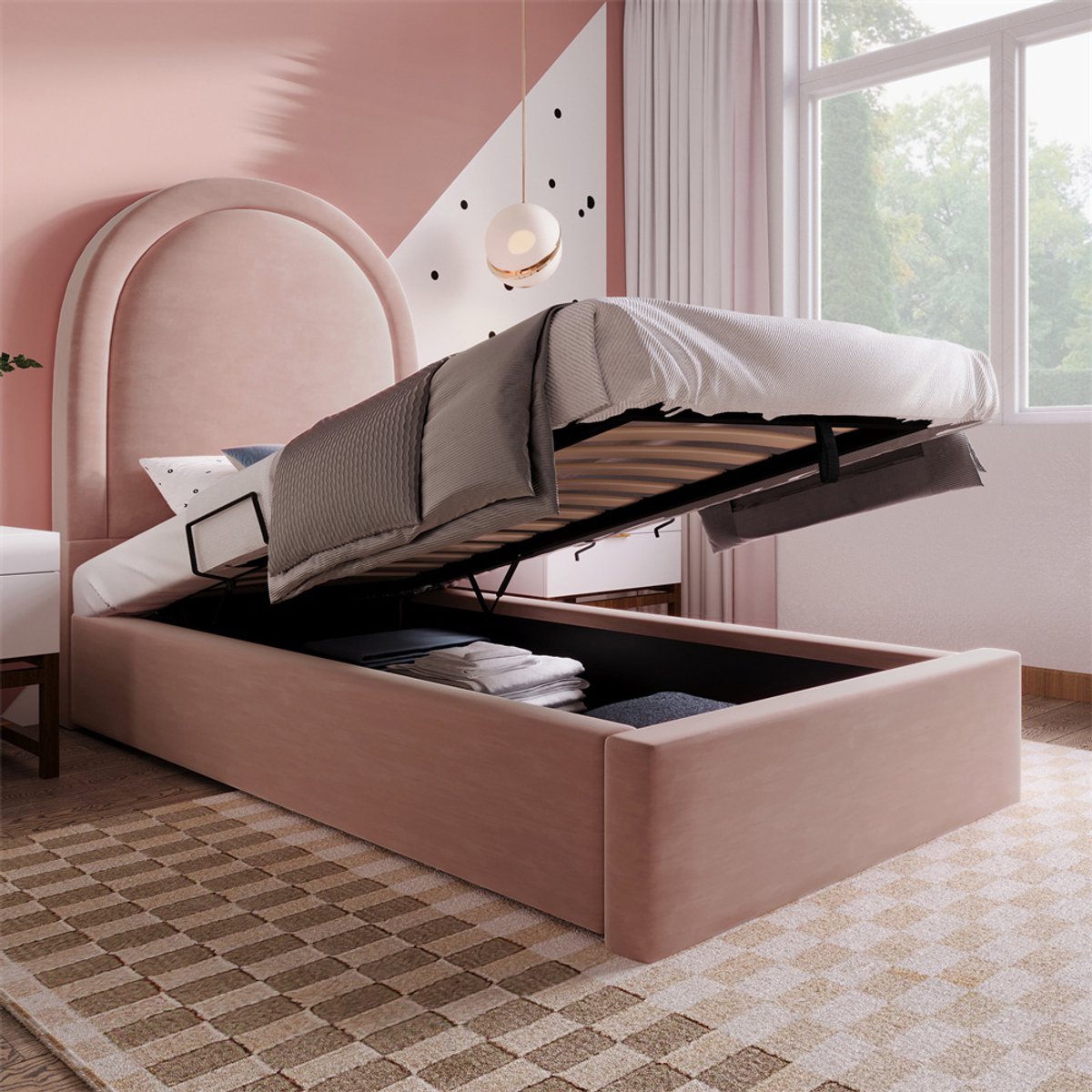 YEHTOKHOME Gestoffeerd bed kinderbed 90x190 cm - eenpersoonsbed met hydraulische opbergruimte - lattenbodem - fluweel - roze - kosmisch patroon (zonder matras)