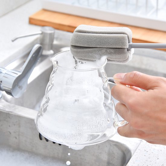 2-pack zachte sponsborstels voor het reinigen van flessen, grijze kunststof handgreep voor wijnglas, wasborstel voor vaas en pot met haakje zonder sporen — afbeelding 3