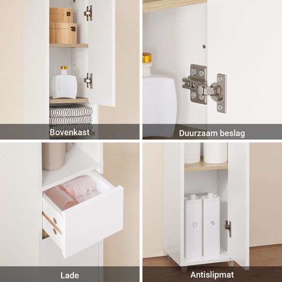 BZR34-WN Hoge Badkamerkast Met Verstelbare Planken, Smalle Opber 1 Lade 2 Deuren En 5 Open Vakken Verstelbare Planken Houtkleur Copy BZR34-WN Hoge Badkamerkast Met Verstelbare Planken, Smalle Opber 1 Lade 2 Deuren En 5 Open Vakken Verstelbare Planken Houtkleur Copy
